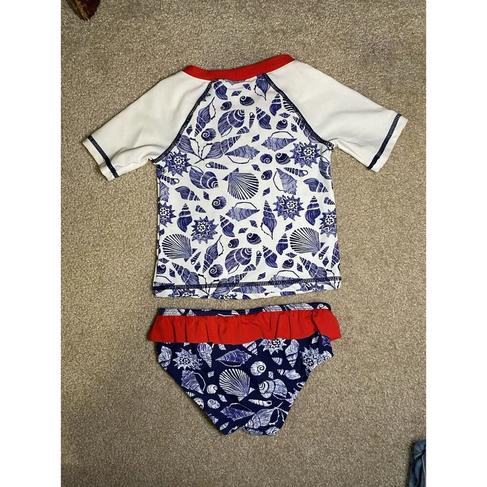 Tommy Bahama Girls Rash Guard Swimsuit Set 18M Blue White Seashells 2 Piece